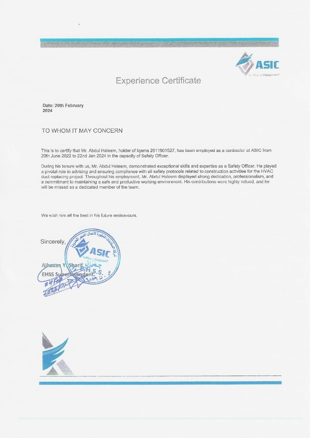 Experience Certificate